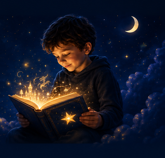 Child reading a glowing personalized storybook