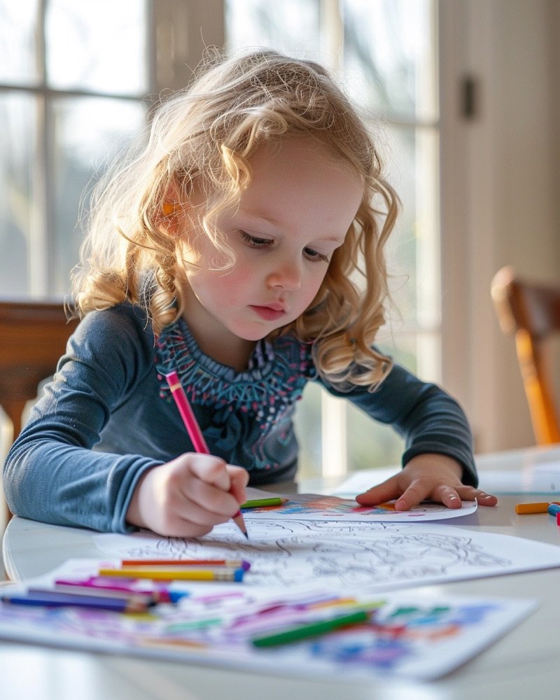 Child coloring the printable coloring pages included with every SeeYouStory book
