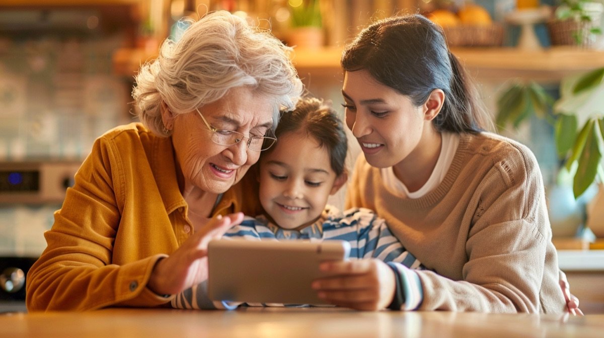 Grandmother, mother, and child reading a bilingual SeeYouStory book together