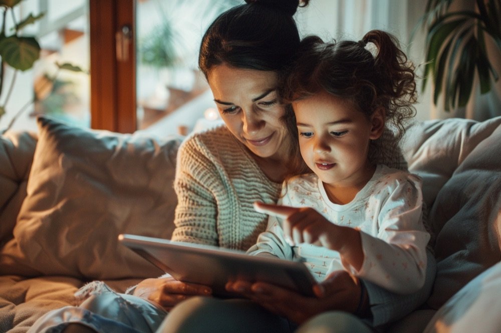 Mother and daughter creating a personalized SeeYouStory book together on a tablet