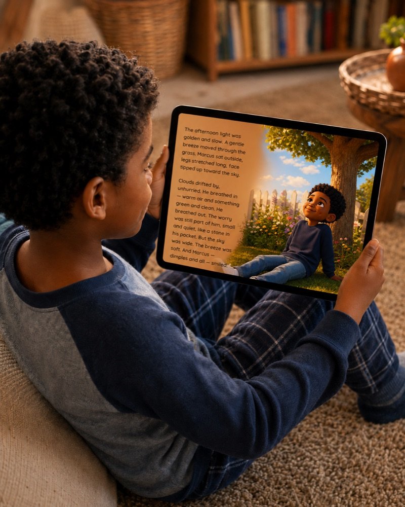 Boy reading his personalized SeeYouStory book where the illustrated hero looks just like him