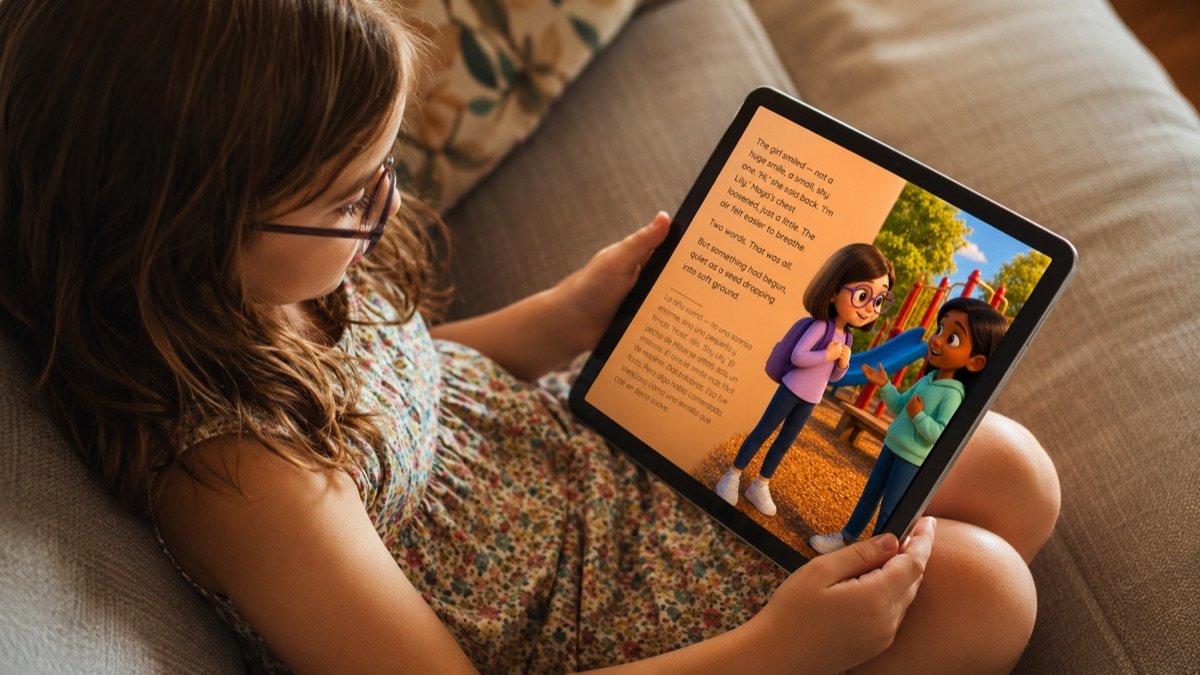 Girl reading her personalized illustrated SeeYouStory book on a tablet