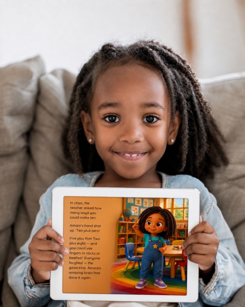 Smiling girl holding her personalized book, pointing at the illustrated character inspired by her photo
