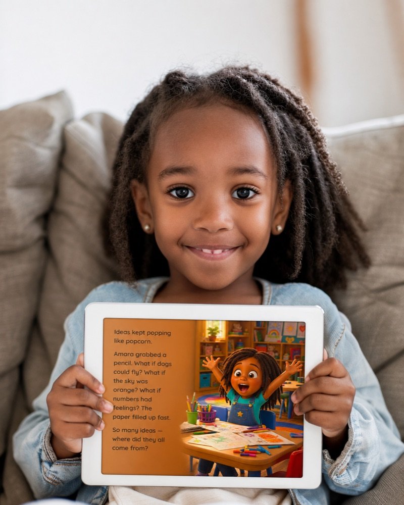 Girl joyfully holding her Premium photo-inspired book where the character celebrates just like her